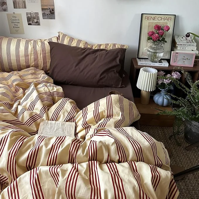 Specialty mixinni Retro Striped Duvet Cover Set Queen – Natural Cotton 3-Piece Vintage Red Stripes Pattern Printed Bedding Set Soft Breathable Comforter Cover with Zipper Closure amp Corner Ties Queen Size Excellent