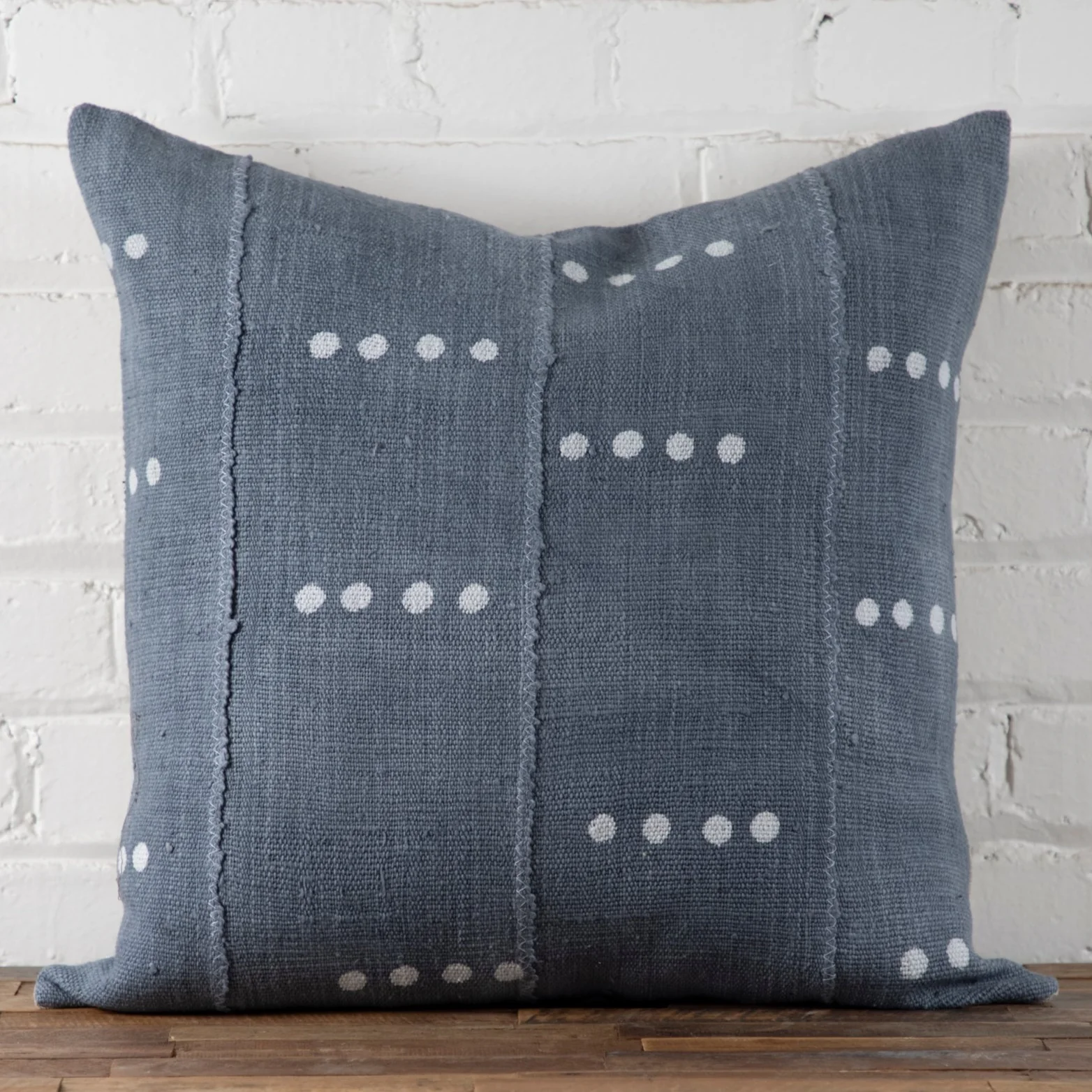 First-Class Mud Cloth Square Pillow Blue Grey with Dots Fine Crafted