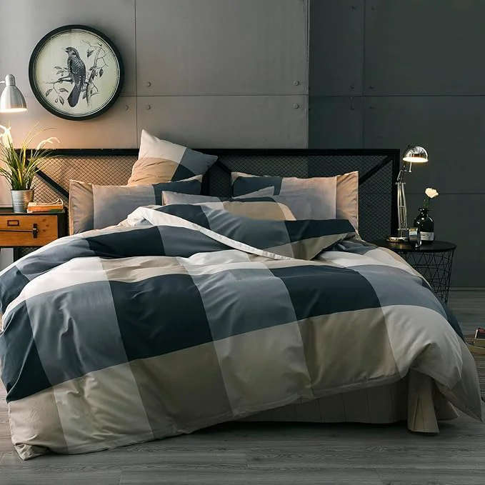 Artisan mixinni King Size Checkered Duvet Cover Set – 3 Piece Grey Geometric Cotton Bedding Set with Zipper Closure amp Corner Ties Washed Cotton Soft Breathable Duvet Cover for Men Women Teens King Next-Generation