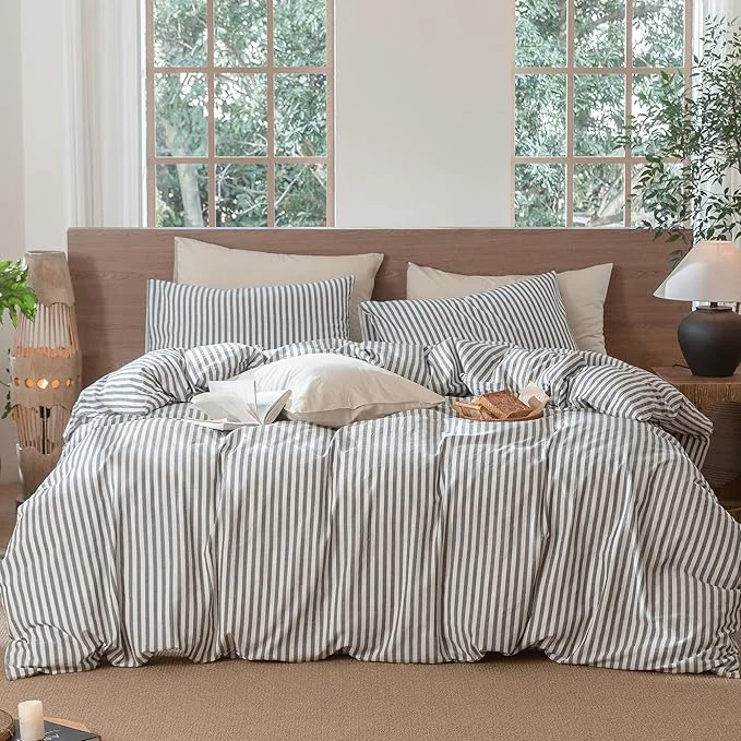 High-End MooMee Striped Duvet Cover Set Washed Cotton Linen Like Textured Breathable Durable Soft Comfy Dark Grey White Classic Stripes Palatial King Oversized King 120 quot x98 quot Stylish