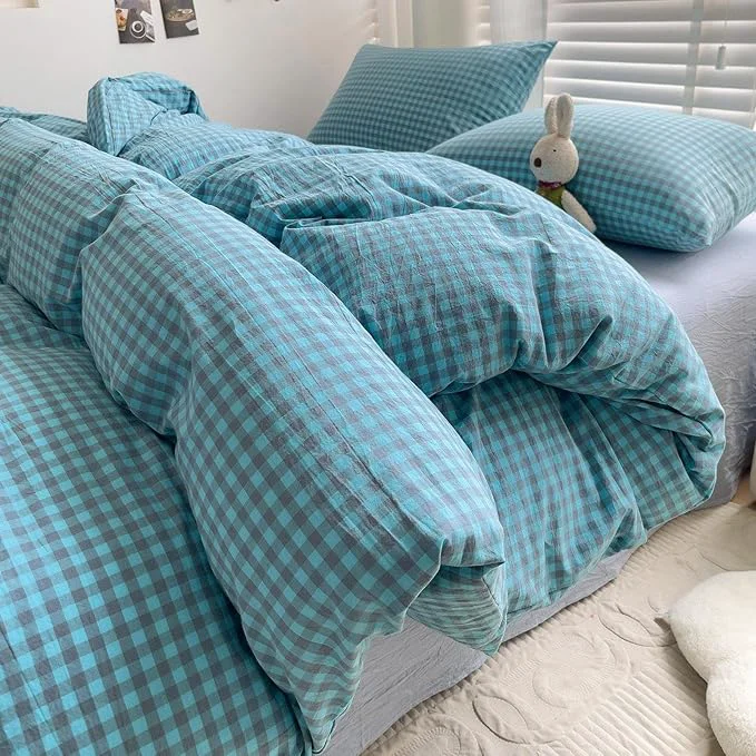 Eco-Friendly LifeTB Queen Comforter Set Blue Grey Gingham Comforter with 2 Pillowcases Modern Style Geometric Plaid Grid Comforter Farmhouse Gingham Bedding Set 3 Pieces Fluffy Checkered Comforter Set Luxury