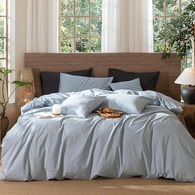 Reliable MooMee Wavy Striped Duvet Cover Set Washed Cotton Linen Like Textured Breathable Durable Soft Comfy Cornflower Blue King 104 quot x90 quot Smart