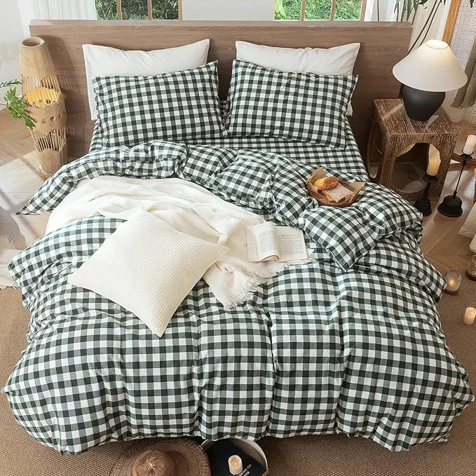 Recyclable MooMee Gingham Duvet Cover Set Washed Cotton Linen Like Textured Breathable Durable Soft Comfy Modern Checkered Design Buffalo Plaid Forest Green Twin 68 quot x90 quot