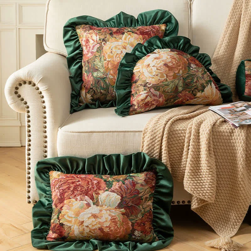 Unique Ownkoti Oil Painting Peony Ruffled Throw Pillow Green