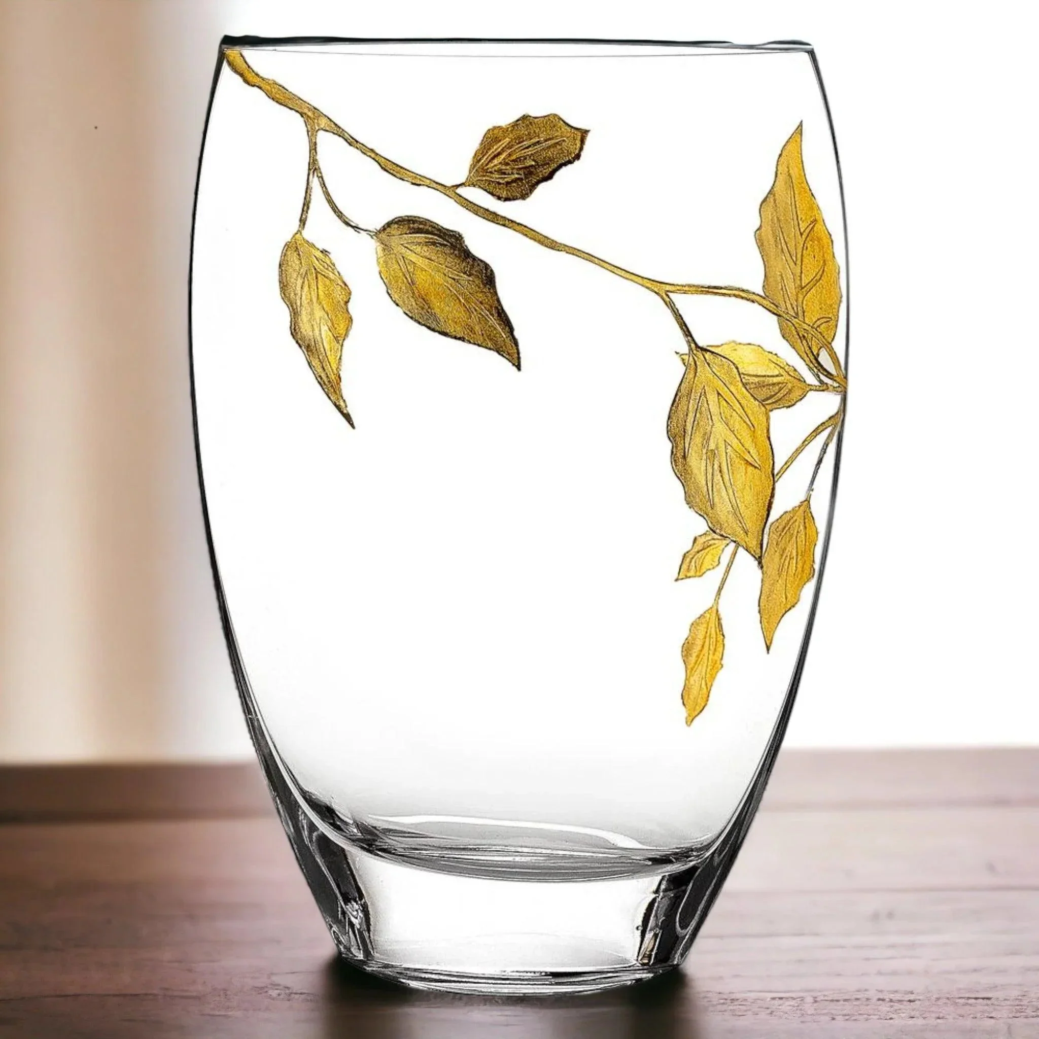 Certified Decorative Vase 12 inch Crystal Vase with Etched Gold Leaves Design Comfortable