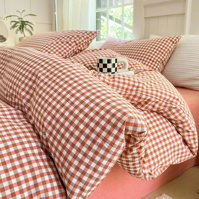 Classic LifeTB Twin XL Comforter Set Red Orange Gingham Comforter with 2 Pillowcases Modern Style Grid Plaid Comforter Set Fluffy Soft Lightweight Gingham Bedding Set Fluffy Checkered Comforter Twin XL Environmentally Friendly