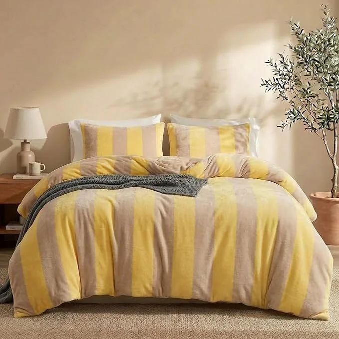 Original Design Bedbay Yellow Striped Comforter Set Queen Size Luxury Fleece Fluffy Queen Comforter Set Plush Flannel Bedding Yellow Stripes Pattern Bed Set Soft Warm Velvet Bedding Comforter for All Seasons Exceptional