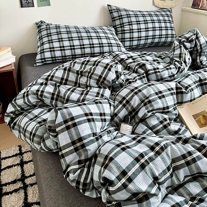 User-Friendly mixinni Vintage Grey amp Pale Blue Buffalo Plaid Duvet Cover Set Queen Size – 3 Piece Washed Cotton Bedding Set with Grid Pattern Soft amp Breathable Duvet Cover with Pillowcases for Boys Men amp Women Verified