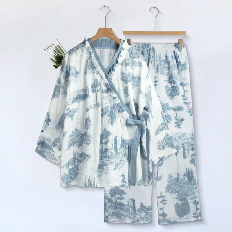 Relaxed Ownkoti Ruffled Neck Landscape Loungewear Set World-Class