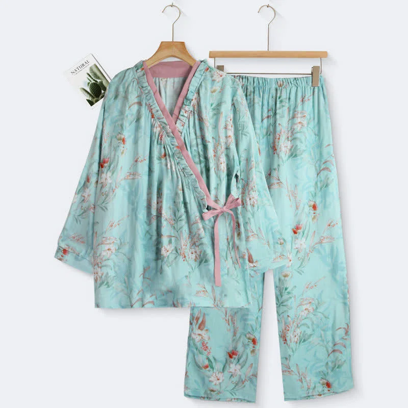 Fashionable Ownkoti Ruffled Neck Oriental Floral Cotton Loungewear Expertly Made