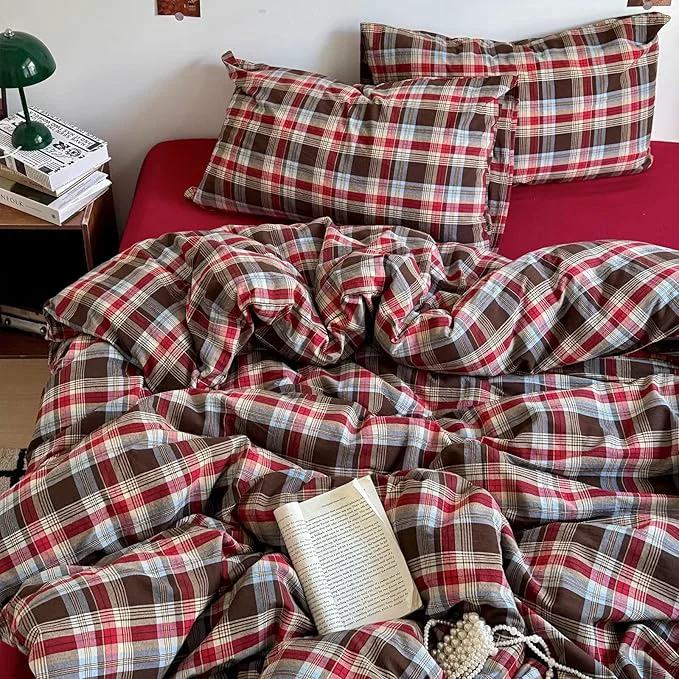 Carefully Designed mixinni Vintage Red amp Brown Buffalo Plaid Duvet Cover Set Twin XL Size – 3 Piece Washed Cotton Bedding Set with Classic Checkered Pattern Cozy Farmhouse Duvet Cover with Pillowcases for All Seasons Official