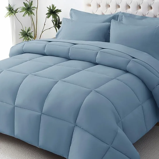 Powerful JOLLYVOGUE King Comforter Set Ultra-Soft Bed in a Bag King Size 7 Pieces Oeko-TEX Bedding Set with Down Comforter Sheets Pillowcases amp Shams Dusty Blue Smooth