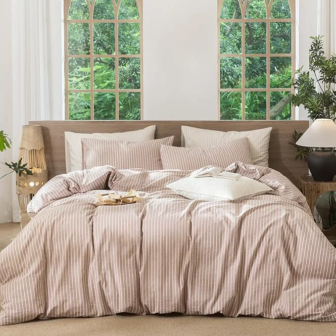 Dependable MooMee Striped Duvet Cover Set Washed Cotton Linen Like Textured Breathable Durable Soft Comfy Orange White Wide Stripes Full 80 quot x90 quot Long-Lasting