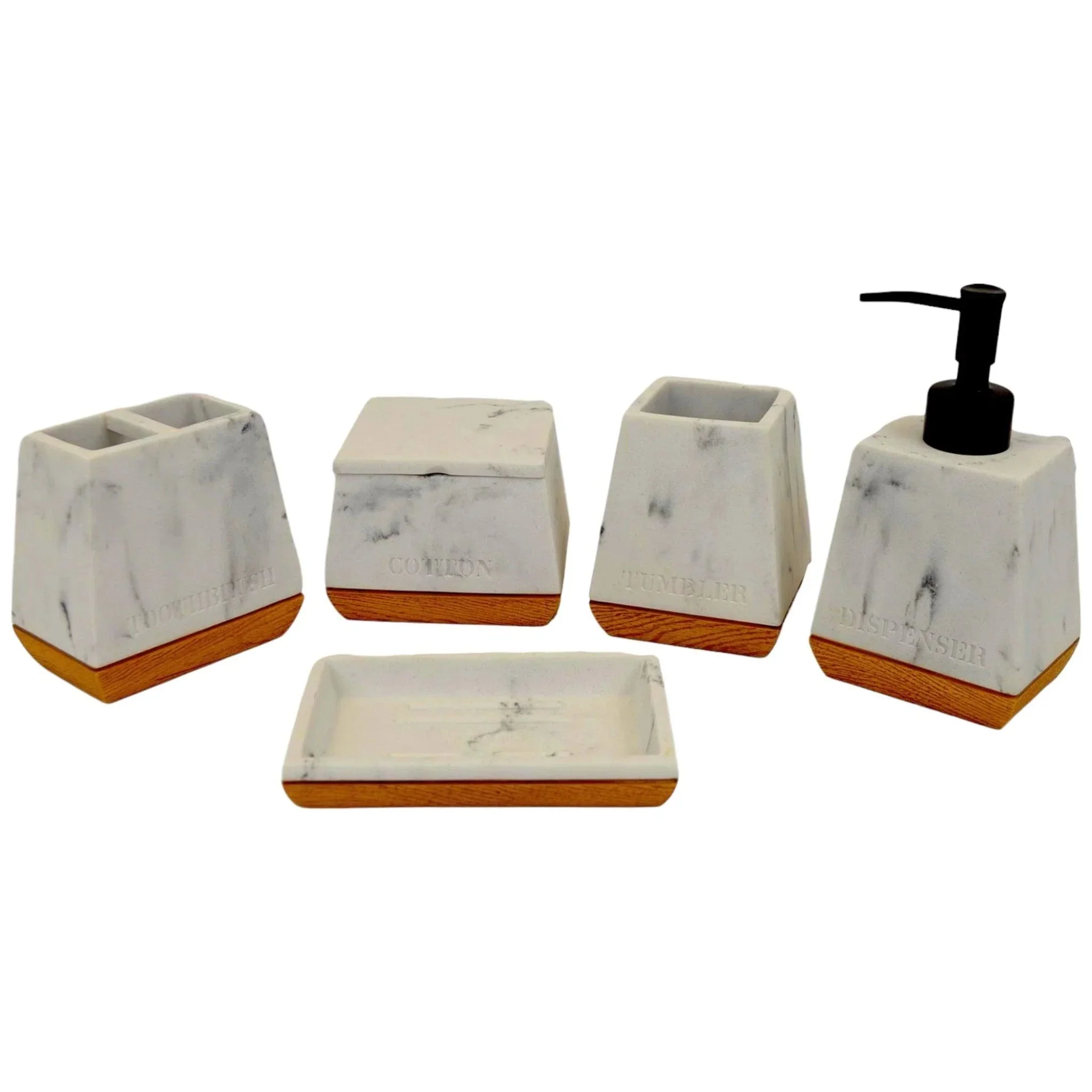 Fine White Marble Bathroom Set with Wood Base Verified