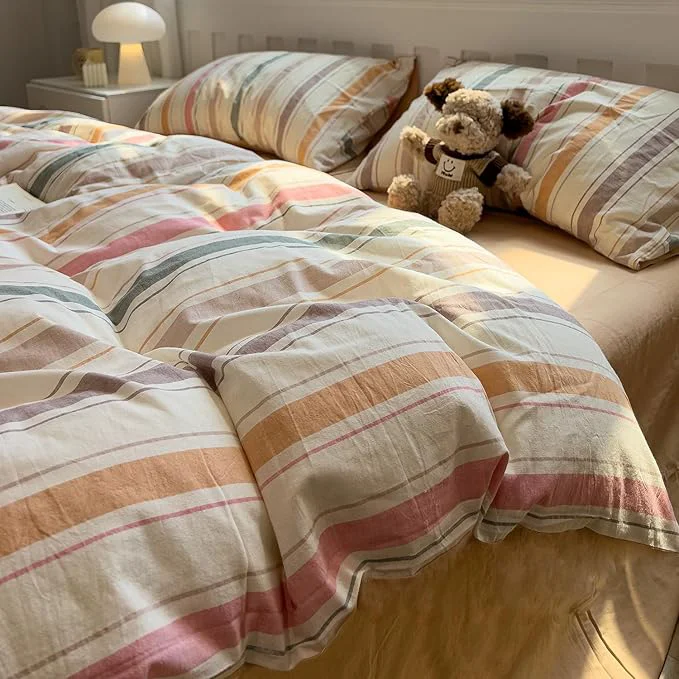 Trendy mixinni Vintage Striped Duvet Cover Set Queen 3-Piece Washed Cotton Bedding Set – Soft amp Breathable Colorful Comforter Cover with Zipper All-Season Lightweight Bed Set for Cozy Home Secure