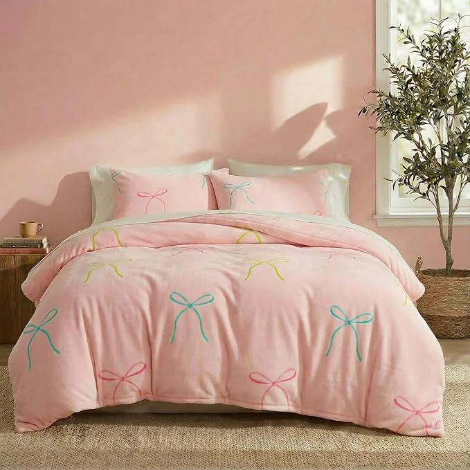 Superior Bedbay Pink Bow Comforter Set Queen Size Warm Fluffy Fleece Bedding Set Cute Bowknot Teen Girls Ultra Soft Plush Velvet Comforter Queen Bed Set Sweet Bow Tie Dreamy Princess Style Bedding 3 Pcs Breathable