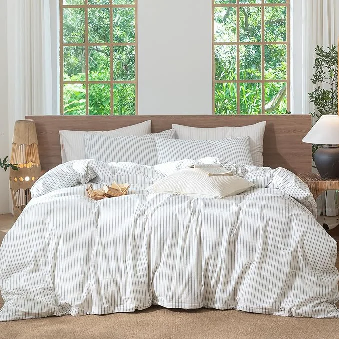 Organic MooMee Striped Duvet Cover Set Washed Cotton Linen Like Textured Breathable Durable Soft Comfy White Heathered Green Wide Stripes Palatial King Oversized King 120 quot x98 quot High-Grade