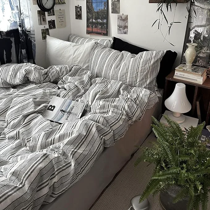 Genuine mixinni Vintage Gray amp White Striped Duvet Cover Set – 3 Piece Washed Cotton Full Size Bedding Minimalist Gender-Neutral Design Ultra-Soft Breathable with Zipper Closure amp Corner Ties Verified