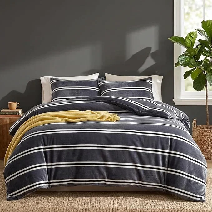 Traditional Bedbay Grey Striped Bedding Comforter Set Queen Size Luxury Velvet Fleece Comforter Set 3 Pcs Fluffy Plush Flannel Bedding Set Cozy Reversible Fleece Soft Warm Shaggy Faux Fur Bed Set All Season Dependable