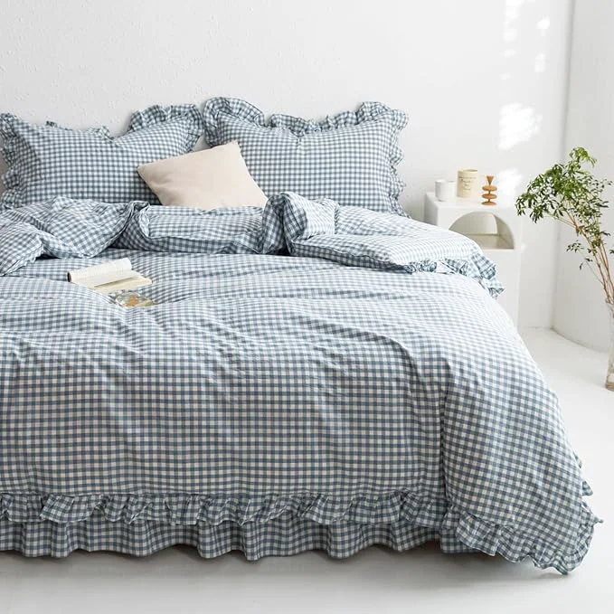 Convenient mixinni Blue White Gingham Ruffle Duvet Cover Full Size 3 Pieces – Washed Cotton Vintage Plaid Ruffled Bedding Set with Zipper Ties Soft Checkered Grid Farmhouse Chic Comforter Cover Set Next-Generation