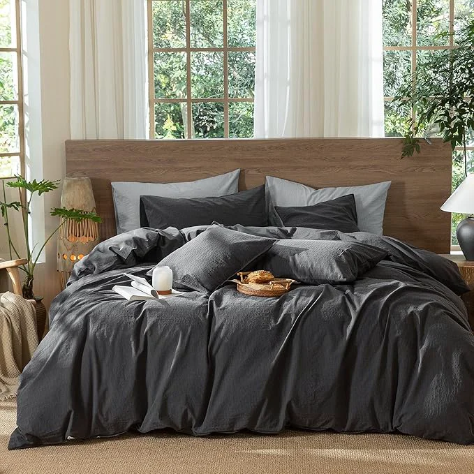 Convenient MooMee Wavy Striped Duvet Cover Set Washed Cotton Linen Like Textured Breathable Durable Soft Comfy Charocal Grey King 104 quot x90 quot Comfortable