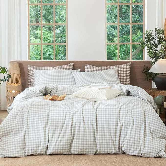 Secure MooMee Gingham Duvet Cover Set Washed Cotton Linen Like Textured Breathable Durable Soft Comfy Modern Checkered Design Northern Droplet Grey Gingham Cal King 104 quot x98 quot Natural