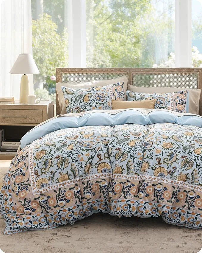 Advanced Bedsure Duvet Cover Queen Size – Cotton Reversible Classic Frame Bordered Duvet Cover Set 3 Pieces Soft amp Breathable PureWoven Bedding Set with 2 Pillow Shams Vintage Blue Boho 90 quot x90 quot Detailed