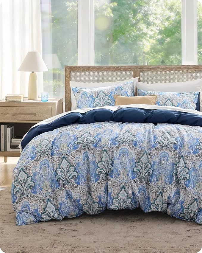Responsible Bedsure Duvet Cover Queen Size – Cotton Reversible Classic Paisley Damask Pattern Duvet Cover Set 3 Pieces Soft amp Breathable PureWoven Bedding Set with 2 Pillow Shams Blue Paisley 104 quot x90 quot Proven
