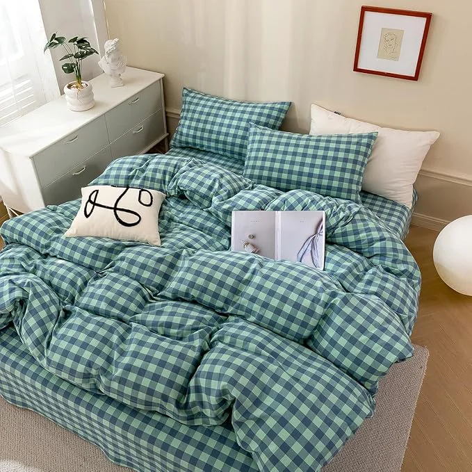 Fine mixinni Green Gingham Grid Duvet Cover Full Washed Cotton Modern Geometric Bedding Set with 2 Pillowcases Farmhouse Style Blue Plaid Comforter Cover Set for Men amp Women Soft amp Lightweight Casual