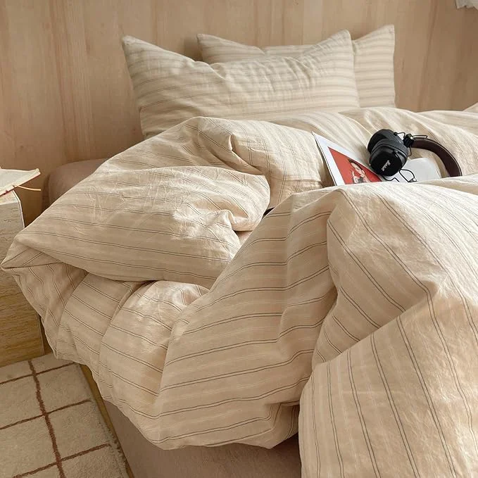 First-Class mixinni Retro Striped Duvet Cover Set Twin Size – Washed Cotton Beige Duvet Cover with Black White Stripes Soft Breathable 3 Piece Comforter Cover with Zipper Closure amp Corner Ties Versatile