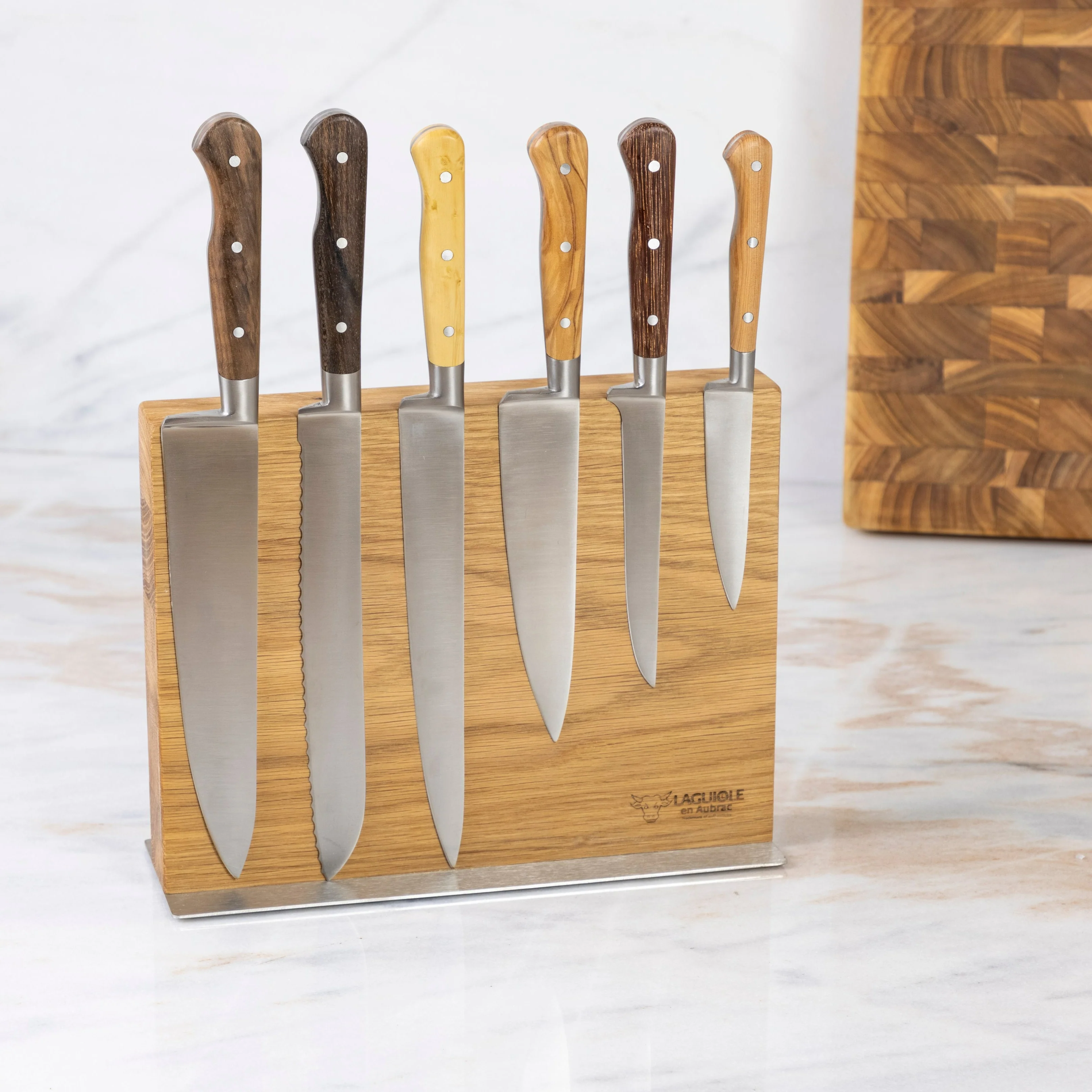 Soft Laguiole en Aubrac Kitchen Knives with Oak Block Set of 6 Mixed Wood Sophisticated
