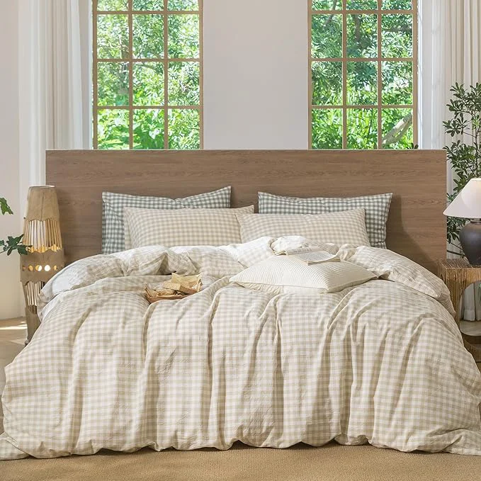 Top-Quality MooMee Gingham Duvet Cover Set Washed Cotton Linen Like Textured Breathable Durable Soft Comfy Modern Checkered Design Almond Milk Grey Gingham Twin 68 quot x90 quot
