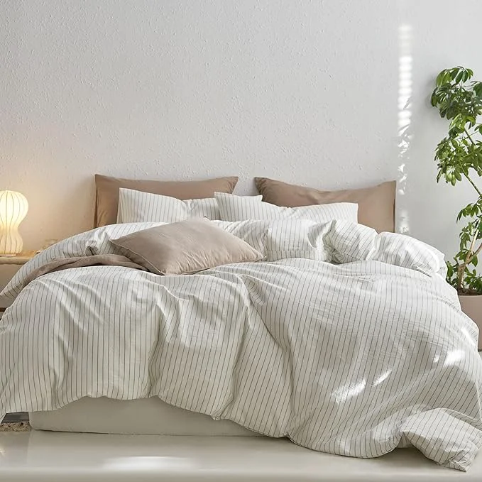 Sustainable MooMee Striped Duvet Cover Set Washed Cotton Linen Like Textured Breathable Durable Soft Comfy White Sage Green Wide Stripes Queen 90 quot x90 quot Long-Lasting