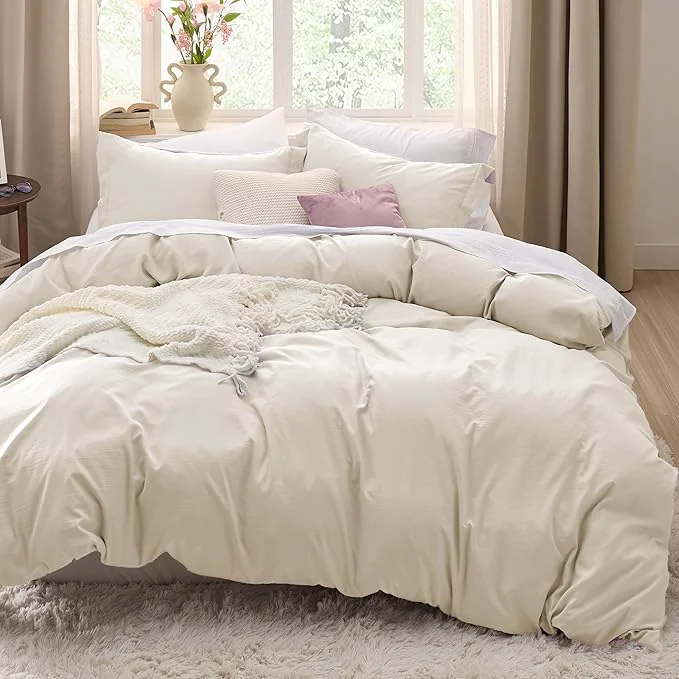 Eco-Friendly Bedsure Oat Milk Duvet Cover Queen Size – 3 Pieces Prewashed Cotton-Like Polyester Extra Soft Bedding Set Includes 1 Duvet Cover 90×90 Inches with Zipper Closure amp 2 Pillow Shams No Comforter Expertly Made