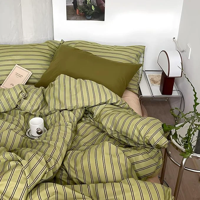 Prestigious mixinni Vintage Stripes Duvet Cover Set Full – 3-Piece Mid-Century Cotton Olive amp Taupe Striped Bedding Soft Breathable All-Season Comforter Cover with Zipper Closure amp Corner Ties-Full Size Minimalist