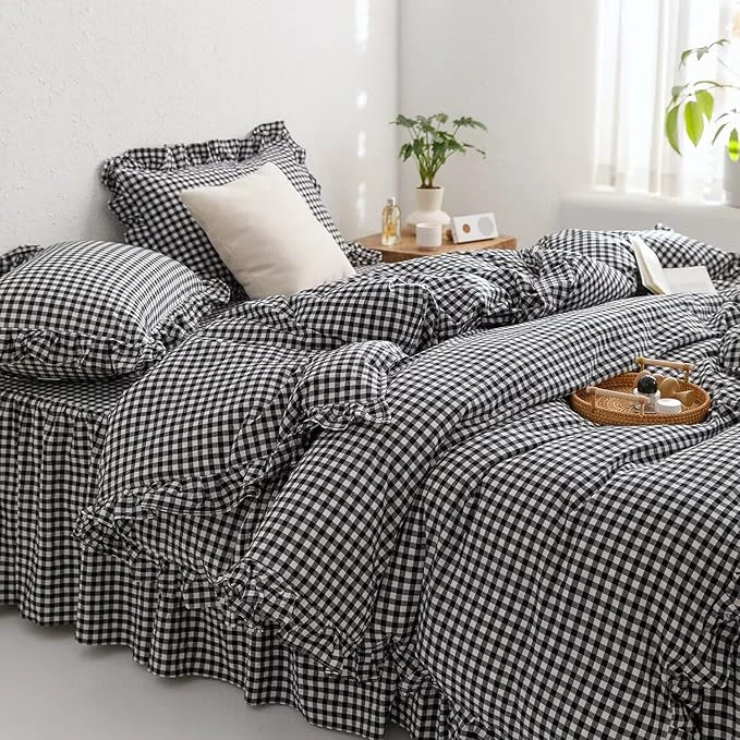 Reliable mixinni Black White Gingham Ruffle Duvet Cover Full Size 3 Pieces – Washed Cotton Vintage Plaid Ruffled Bedding Set with Zipper Ties Soft Checkered Grid Farmhouse Chic Comforter Cover Set Elegant