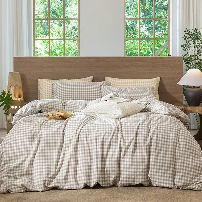 Fine MooMee Gingham Duvet Cover Set Washed Cotton Linen Like Textured Breathable Durable Soft Comfy Modern Checkered Design Tannish Linen Grey Gingham Cal King 104 quot x98 quot Advanced