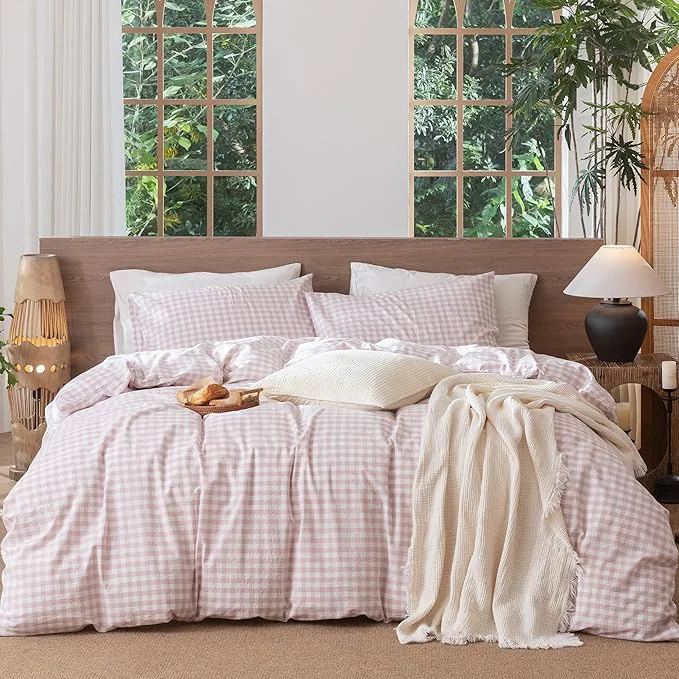 MooMee Gingham Duvet Cover Set Washed Cotton Linen Like Textured Breathable Durable Soft Comfy Modern Checkered Design Classic Gingham Greyish Pink Twin 68 quot x90 quot Reliable
