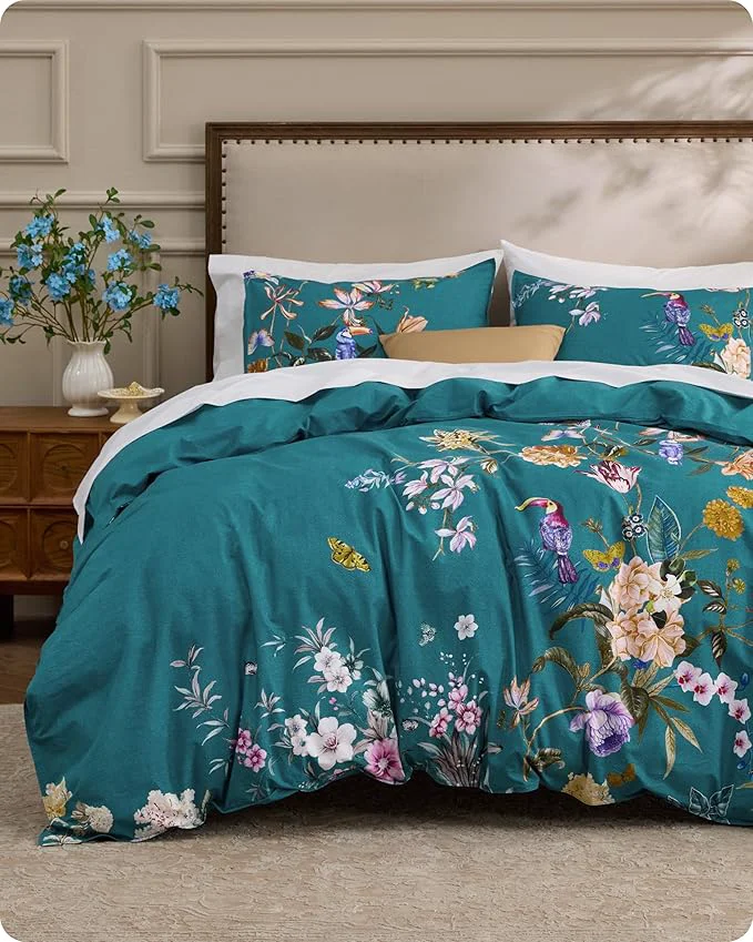 User-Friendly Bedsure Floral Duvet Cover Queen Size – Cotton Reversible Vintage Teal Bird Duvet Cover Set 3 Pieces Soft amp Breathable PureWoven Bedding Set with 2 Pillow Shams Chinoiserie Teal 90 quot x90 quot World-Class