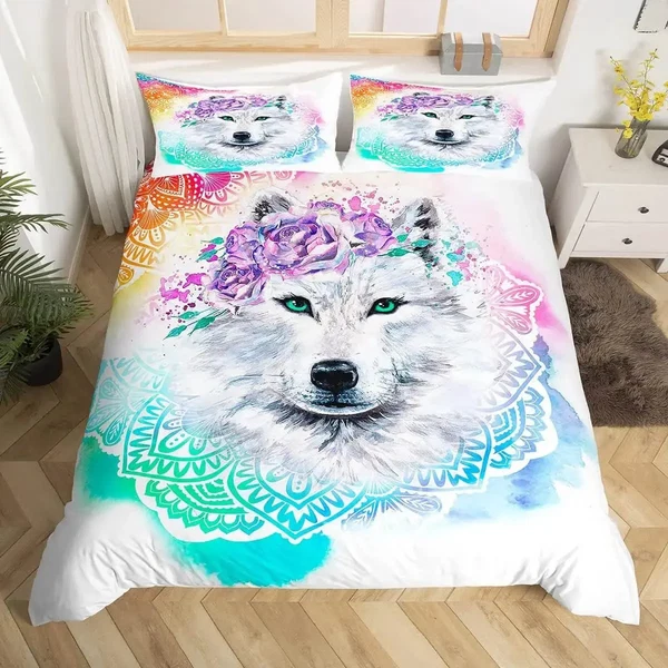 Detailed 3D Boho Wolf Doona Cover Clean