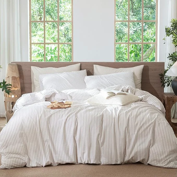 Clean MooMee Striped Duvet Cover Set Washed Cotton Linen Like Textured Breathable Durable Soft Comfy White Orange Wide Stripes Queen 90 quot x90 quot Long-Lasting