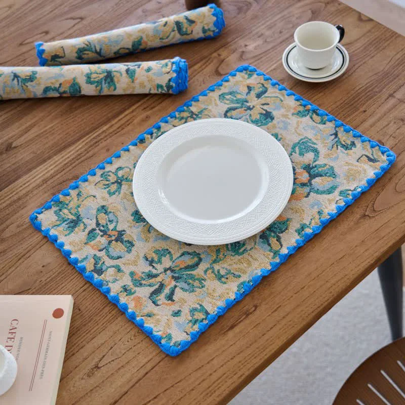 Fine Crafted Ownkoti Rustic Blue Floral Jacquard Fabric Placemat High-Quality
