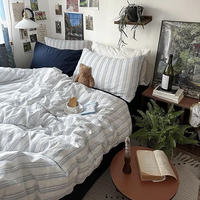 Elite mixinni Vintage Blue amp White Striped Duvet Cover Set – 3 Piece Washed Cotton Twin Size Bedding Minimalist Relaxed Style Ultra Soft Breathable with Zipper Closure amp Corner Ties-Twin Size Pure