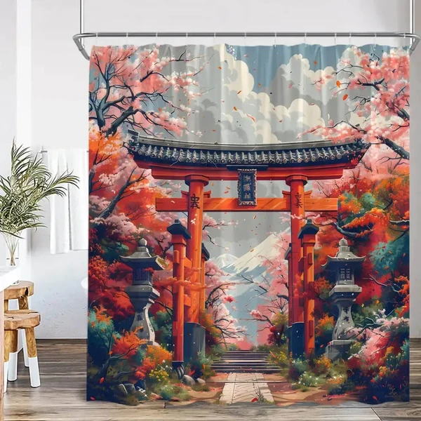 Modern Torii Gate Cherry Blossom Shower Curtain Certified