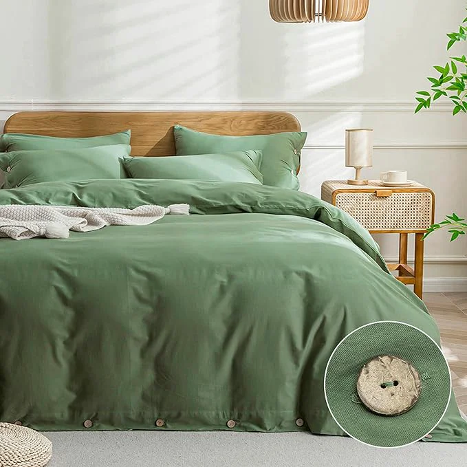 Expertly Made JELLYMONI Cotton Duvet Cover Cal King Size – Green Comforter Cover with Button Washed Cotton 3PCS Breathable Soft Solid Bedding Set Duvet Cover 104×98in amp 2 Pillowcases NO Comforter Healthy
