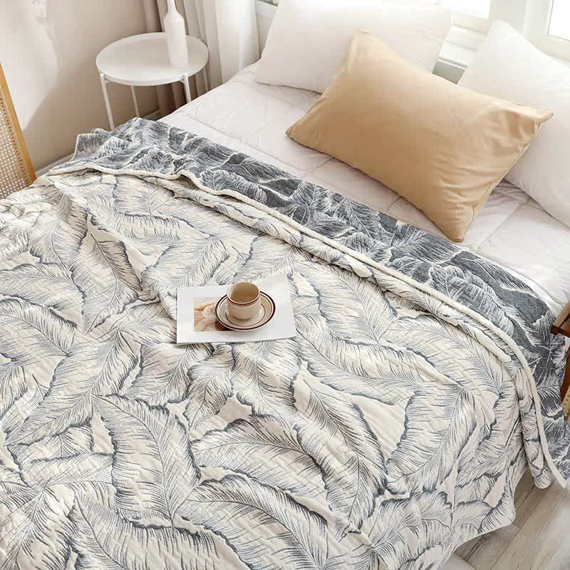 Fine Crafted Ownkoti Botanical Banana Leaf Cotton Gauze Quilt Contemporary