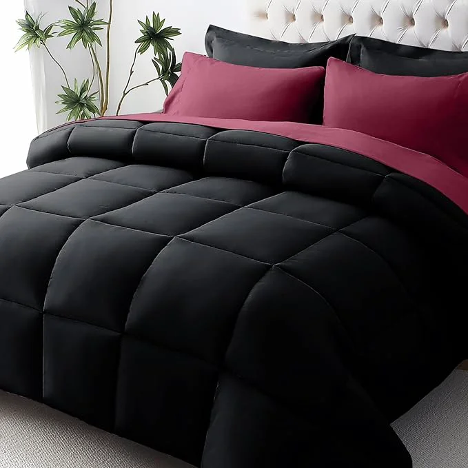 Top-Quality JOLLYVOGUE King Comforter Set Ultra-Soft Bed in a Bag King Size 7 Pieces Oeko-TEX Bedding Set with Down Comforter Sheets Pillowcases amp Shams Burgundy amp Black Advanced
