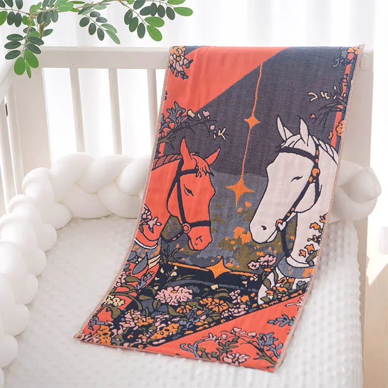 Fine Crafted Ownkoti Artistic Horse Floral Cotton Gauze Towel High-End
