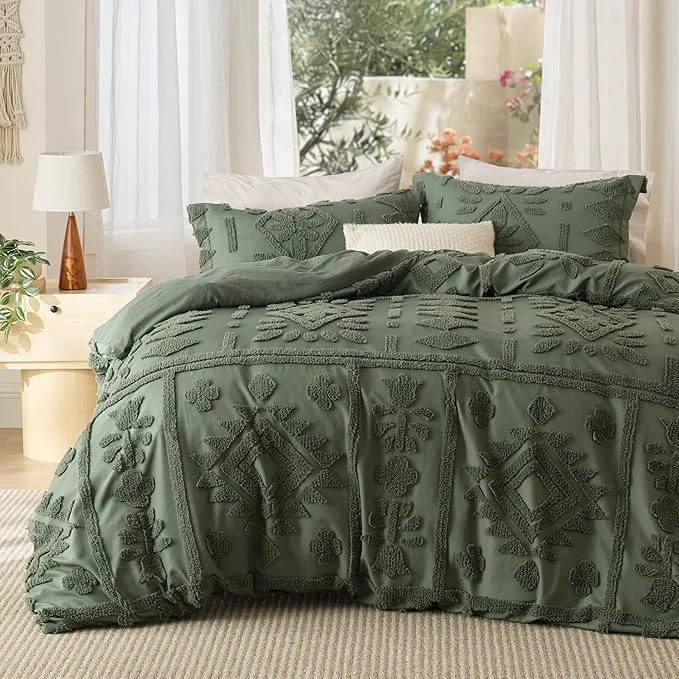 Long-Lasting Bedsure Boho Duvet Cover Queen Size Soft amp Comfortable Elegant Design Boho Bedding for Decoration Machine Washable Comforter Cover for All Seasons Includes 1 Duvet Cover amp 2 Pillow Shams Olive Green