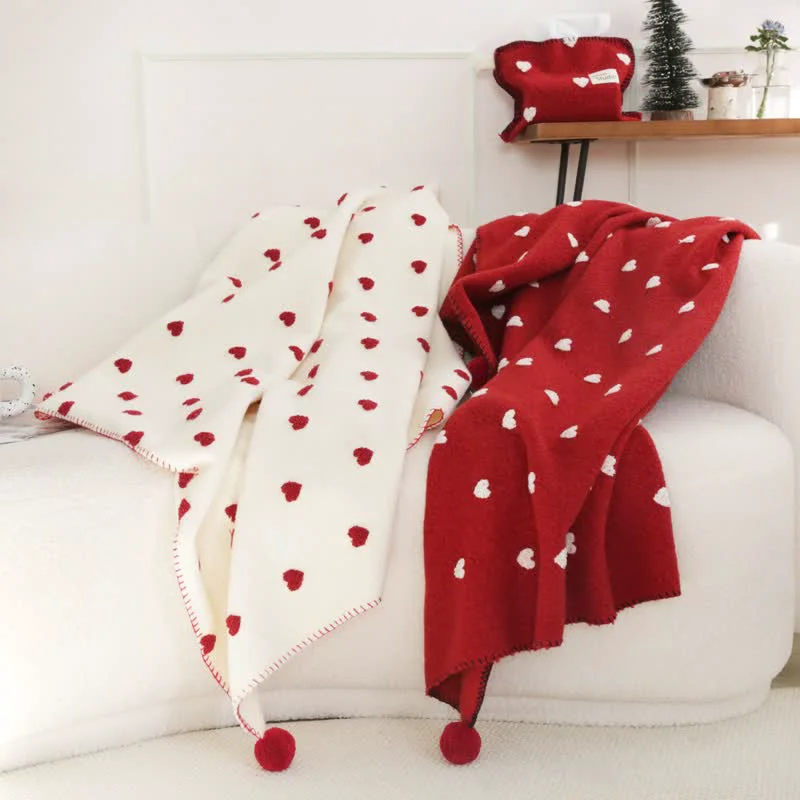 Crafted Ownkoti Heart Pattern Throw Blanket with Pom-Poms Contemporary